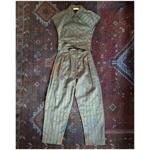 Tory Burch Canvas Wrap Top & High-Waist Pants Set | Teal & Rust Striped | Size 2